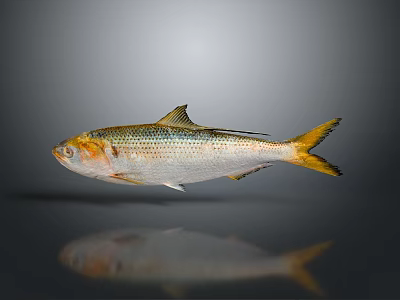 Silver Aquatic Fish With Yellow Tail And Reflection On Dark Background 3d model