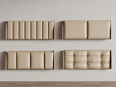 Beige Upholstered Headboards With Various Designs Against Light Colored Wall And Wooden Floor 3d model