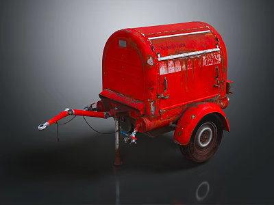 Red Vintage Single Wheel Trailer With Rustic Metal Body And Old Design 3d model