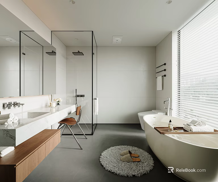 Modern Bathroom Interior With Bathtub Shower Vanity Mirror And Wooden Accents 3d model 