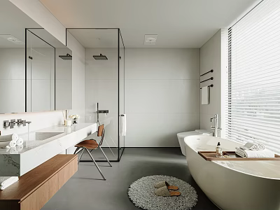 Modern Bathroom Interior With Bathtub Shower Vanity Mirror And Wooden Accents 3d model