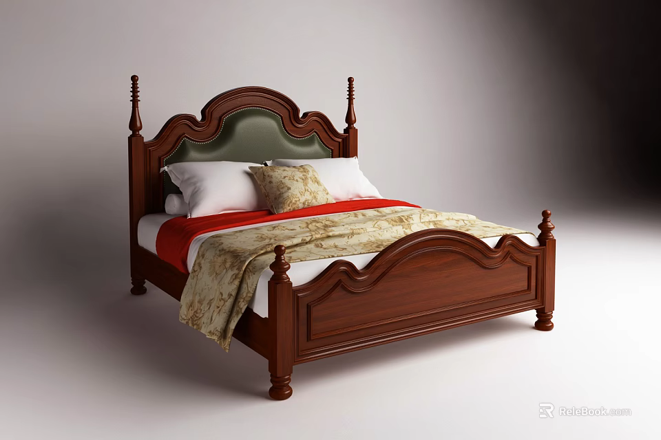Classic Wooden Double Bed With Green Padded Headboard White Pillows Red And Beige Blanket 3d model 