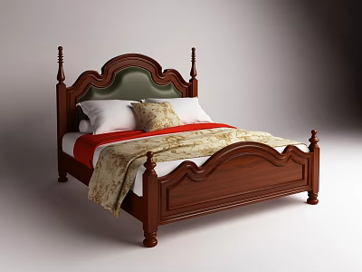 Classic Wooden Double Bed With Green Padded Headboard White Pillows Red And Beige Blanket 3d model
