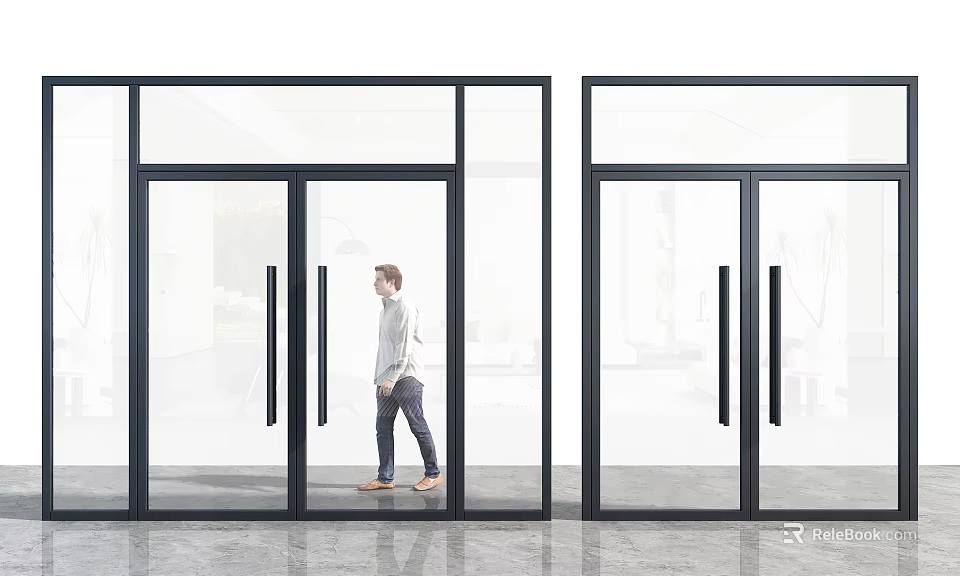 Modern Double Glass Doors with Black Frames in Interior Design 3d model