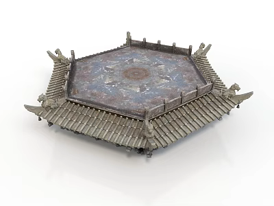 Traditional Chinese Pavilion With Hexagonal Tiled Roof Ornate Eaves And Central Painted Circular Design 3d model