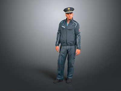 Man In Dark Professional Uniform With Cap Standing And Badge Details 3d model