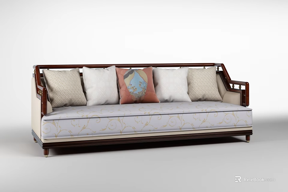 Chinese Style Multi Seater Sofa With Mahogany Frame And Patterned Decorative Cushions 3d model