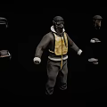 Dark Outfit With Yellow Vest And Multiple Hats On Black Background