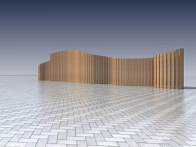 Modern Wooden Feature Wall with Curved Design in Open Space and Tiled Floor 3d model