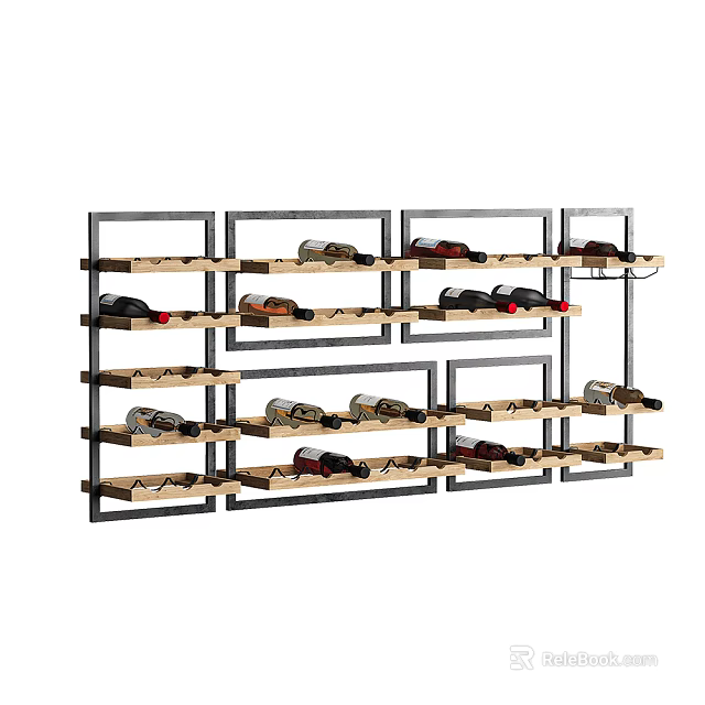 Modern Wine Rack With Multiple Wooden Shelves And Metal Frame For Wine Bottle Storage 3d model 