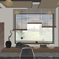 Modern Office Interior Featuring Chinese Elements Pendant Lights Bookshelves Computer Conference Table Chairs Projection Screen