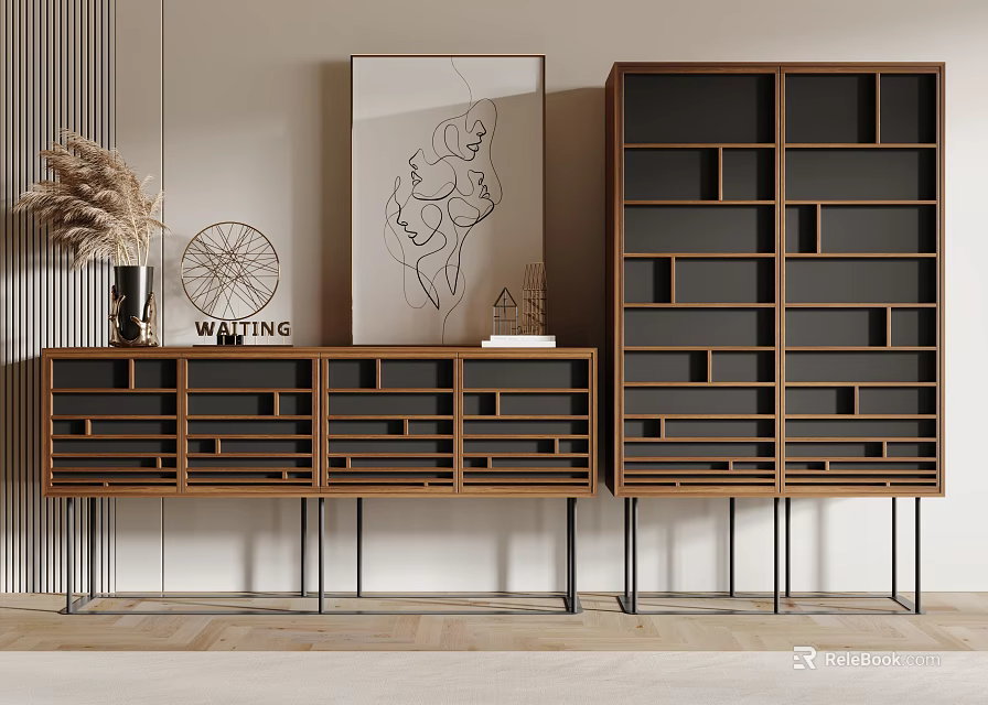 Modern Wooden Console Table And Side Cabinet With Black Metal Legs Wall Art Decorative Items 3d model 