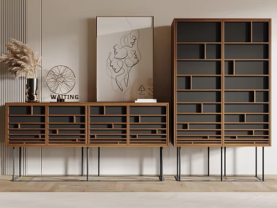 Modern Wooden Console Table And Side Cabinet With Black Metal Legs Wall Art Decorative Items 3d model