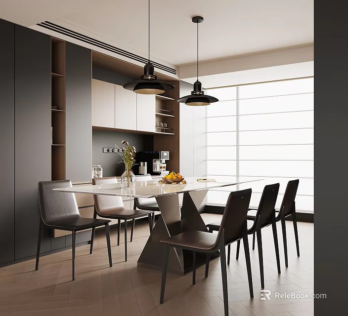 Modern Restaurant Interior Design With White Dining Table Black Chairs Pendant Lights And Window 3d model 