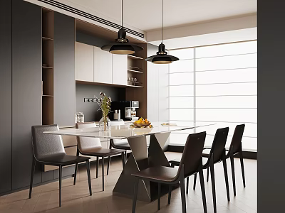 Modern Restaurant Interior Design With White Dining Table Black Chairs Pendant Lights And Window 3d model