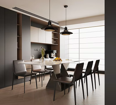 Modern Restaurant Interior Design With White Dining Table Black Chairs Pendant Lights And Window 3d model