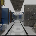 Modern Office Corridor With Wooden Ceiling Decorative Stone Wall Blue Bench And Lantern Lighting