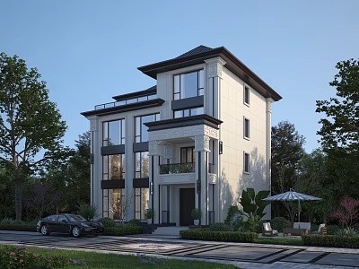 Modern Detached Villa Exterior With Large Windows And Garden Surrounded by Trees 3d model