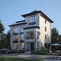 Modern Detached Villa Exterior With Large Windows And Garden Surrounded by Trees