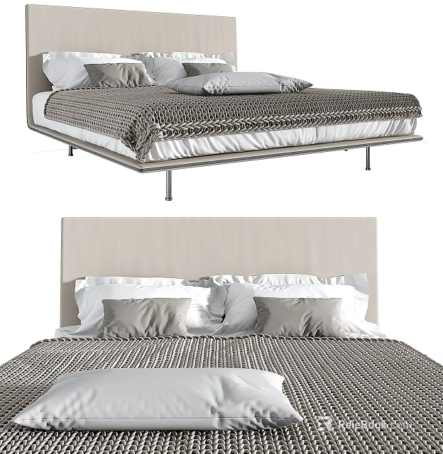 Modern Double Bed Interior With Upholstered Headboard Plush Pillows And Gray Bedspread 3d model