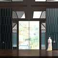 Chinese Traditional Interior With Decorative Screen Traditional Painting And Figure Statue