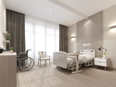 Modern Hospital Outpatient Clinic Room With White Bed Wheelchair Wooden Wall And Large Window 3d model