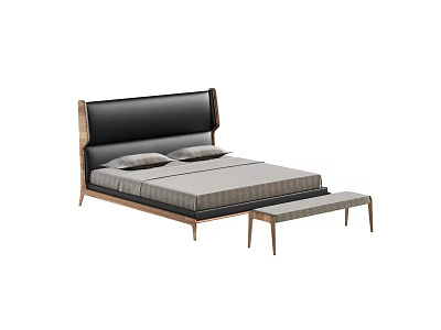 Modern Minimalist Double Bed With Black Leather Headboard Wooden Frame And Bench 3d model