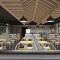 Modern Restaurant Interior Design With Central Wooden Lattice Colorful Walls And Pendant Lights