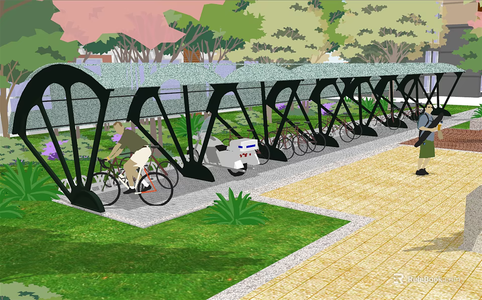 Outdoor Canopy For Bicycle Parking With Green Plants And Grass Area 3d model 
