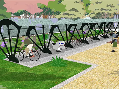 Outdoor Canopy For Bicycle Parking With Green Plants And Grass Area 3d model