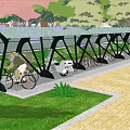 Outdoor Canopy For Bicycle Parking With Green Plants And Grass Area
