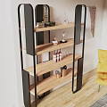 Modern Black Frame Wooden Bookshelf with Decorative Vases Bottles and Items Near Green Plant
