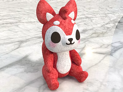 Red Fox Shaped Plush Toy with Big Eyes White Belly Sitting On Marble Surface 3d model