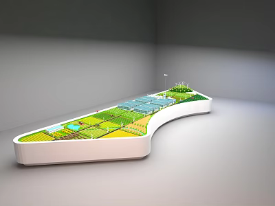 Commercial Equipment Curved Display Model With White Base Green Areas Blue Sections And Greenhouse Structures 3d model