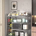 Modern Kitchen Shelf Organizer With Microwave Toaster Fruits Bottles And Mugs