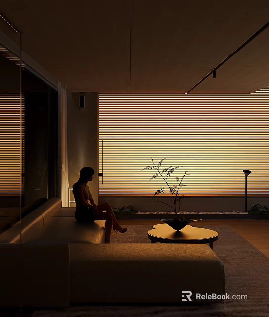 Modern Living Room Interior With Striped Blinds Large Window Sofa And Coffee Table Plant 3d model 
