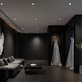 Bridal Shop Interior With Hanging Wedding Dresses Mannequin Display And City View Windows