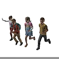 Four children running cheerfully on white background enjoying playful run together