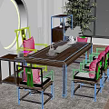 Chinese Style Wooden Tea Table and Chairs with Cushions on Area Rug and Green Plants