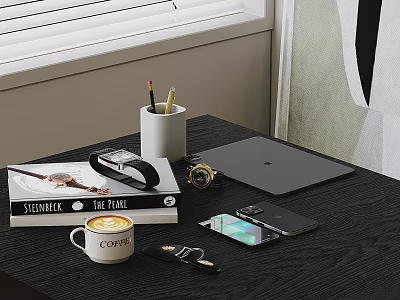 Modern Desk Setup with STERNECK Magazine Black Watch Tablet Coffee Cup and Smartphone 3d model