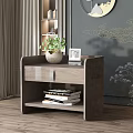 Contemporary Wooden Nightstand Featuring Potted Plant Photo Frame And Stack Of Books On Decorative Wall Background