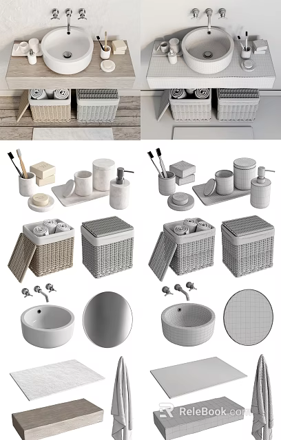 Bathroom Sink Setup With Mirror Soap Dispenser Storage Boxes Cups And Brushes 3d model 