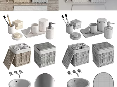 Bathroom Sink Setup With Mirror Soap Dispenser Storage Boxes Cups And Brushes 3d model