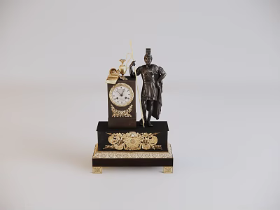 Antique Table Clock With Standing Figure Statue On Dark Base With Gold Decorations 3d model