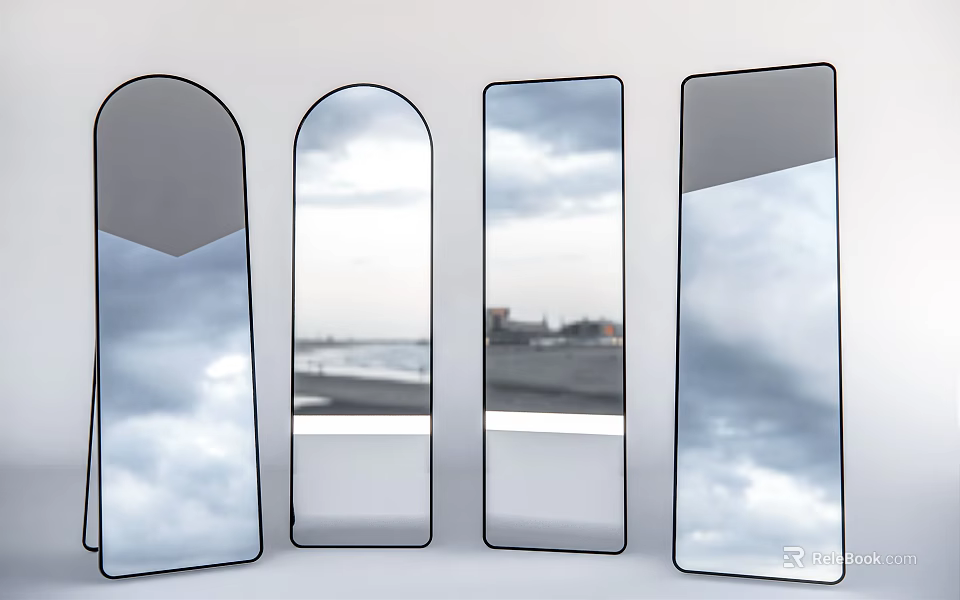 Modern Mirrors of Various Shapes Reflecting Sky And Seaside View in Interior Design 3d model 