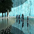 Blue Curved Wall Interior Installation With Tree Patterns Reflective Floor And People 3d model