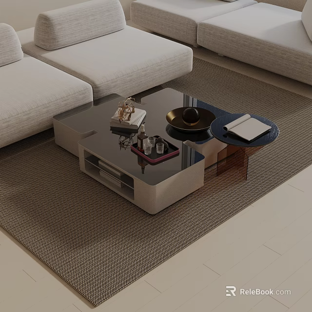 Modern Light Colored Sofa And Combined Coffee Table Set With Decorative Items On Woven Mat 3d model 