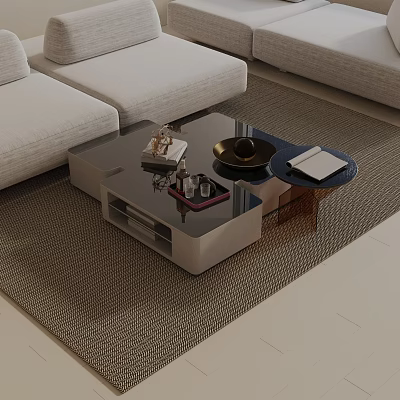 Modern Light Colored Sofa And Combined Coffee Table Set With Decorative Items On Woven Mat 3d model