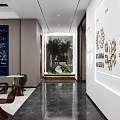 Modern Reception Desk With Company Logo And White Marble Counter On Wooden Textured Wall