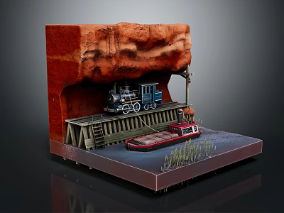 Cartoon Scene Featuring Steam Train On Platform By Red Rock And Small Boat On Water 3d model